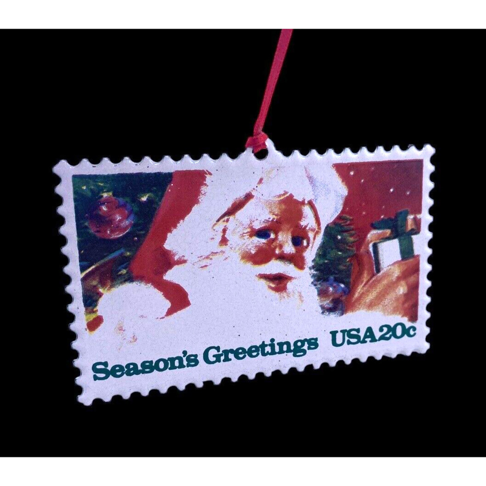 Christmas Ornament Santa Claus John Berkey Postage Stamp Enamel Metal Vtg 1983